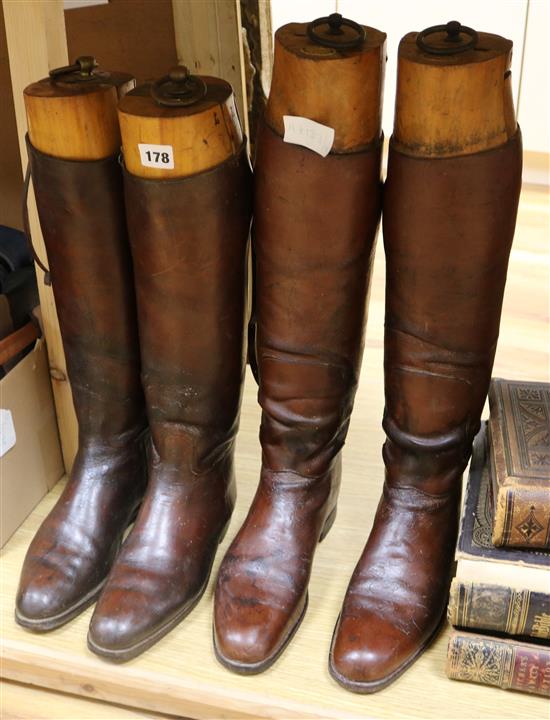 Two pairs of brown leather gents riding boots and trees